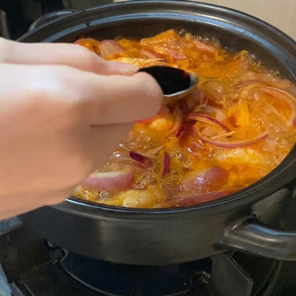 Una mano usa un cucchiaio per versare un condimento liquido scuro in un brodo di zuppa arancione-rosso che bolle con cipolle e gamberi.