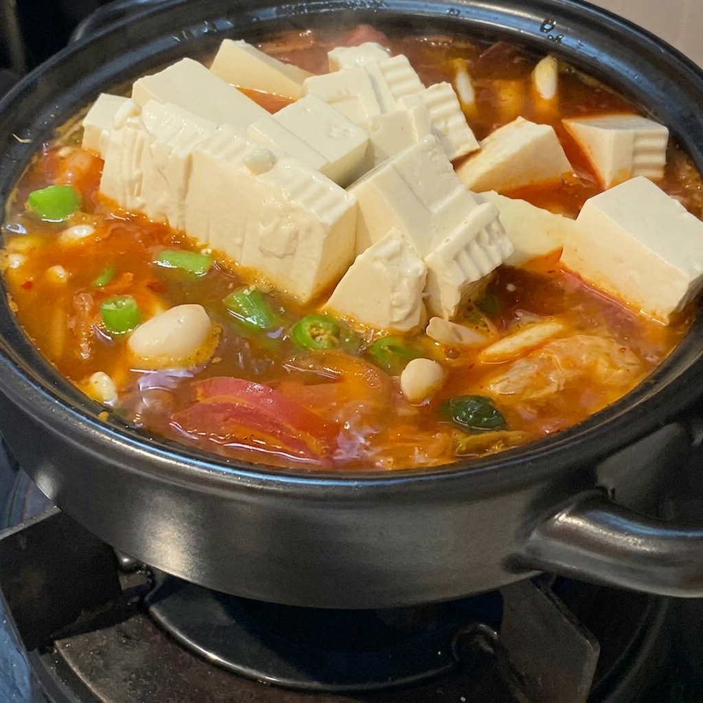 Grandi cubi di tofu bianco morbido disposti ordinatamente su una vibrante zuppa di kimchi rossa con peperoni verdi e cipolle a fette.