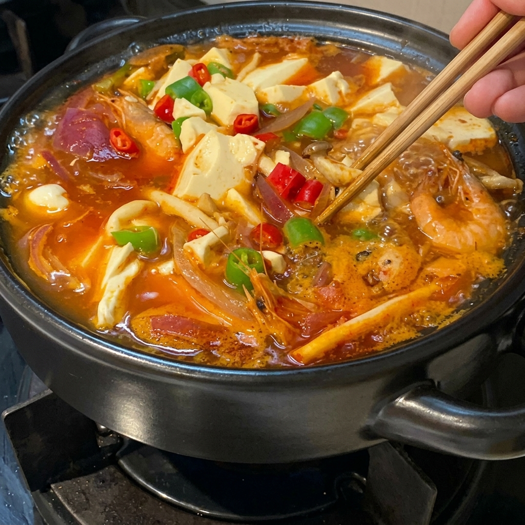 Una pentola di terracotta pronta con zuppa di kimchi rossa bollente, cubetti di tofu morbido, gamberi e cipolle rosse guarnita con peperoncini verdi e rossi a fette, sistemati con bacchette di legno.