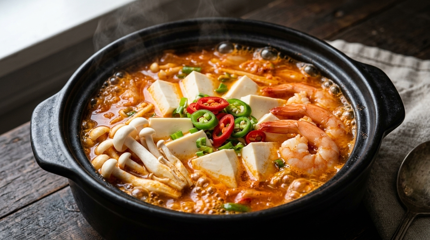 Zuppa di Kimchi e Tofu con Gamberi (Soondubu Jjigae)