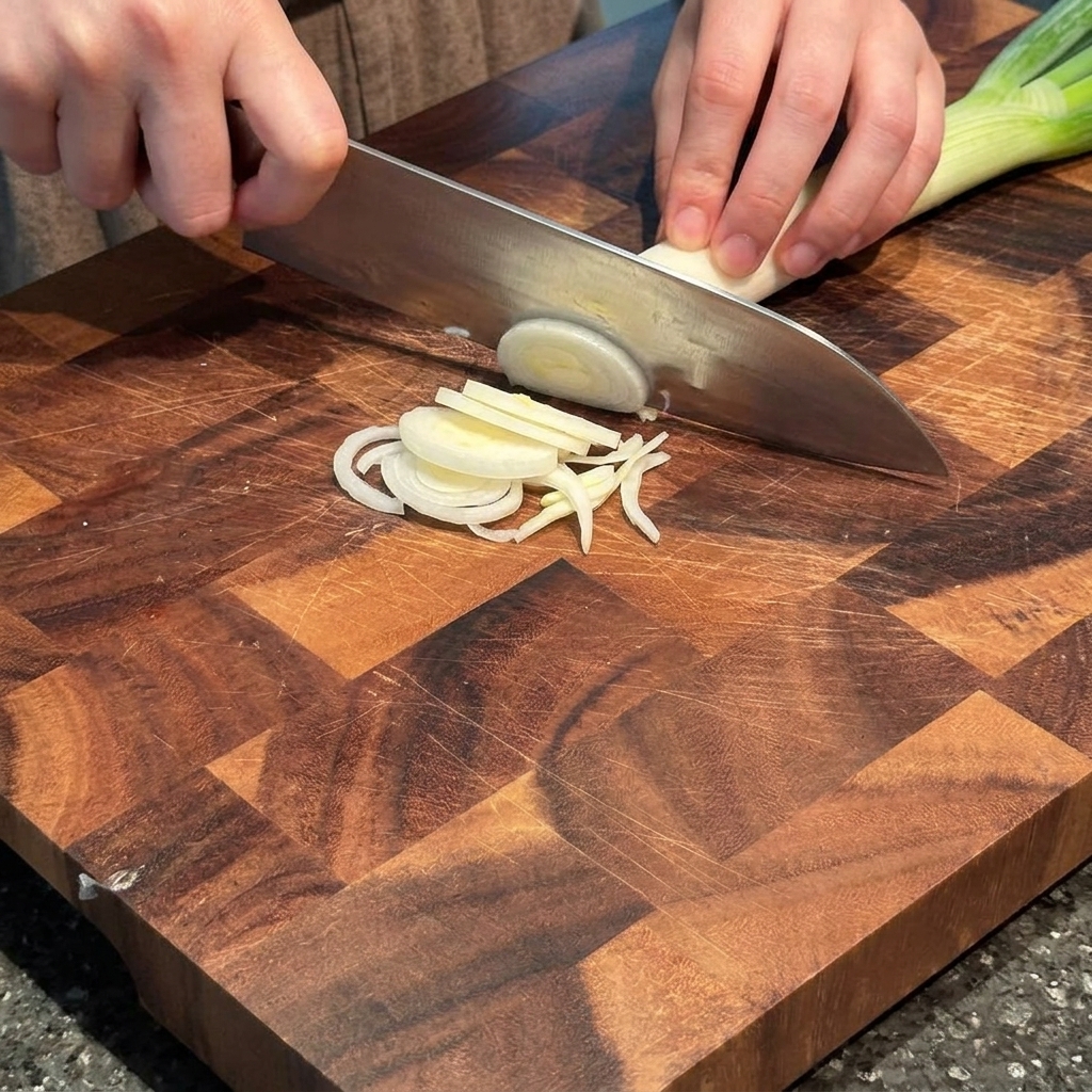 Mani che affettano finemente la parte bianca dei cipollotti su un tagliere di legno con un coltello da chef.
