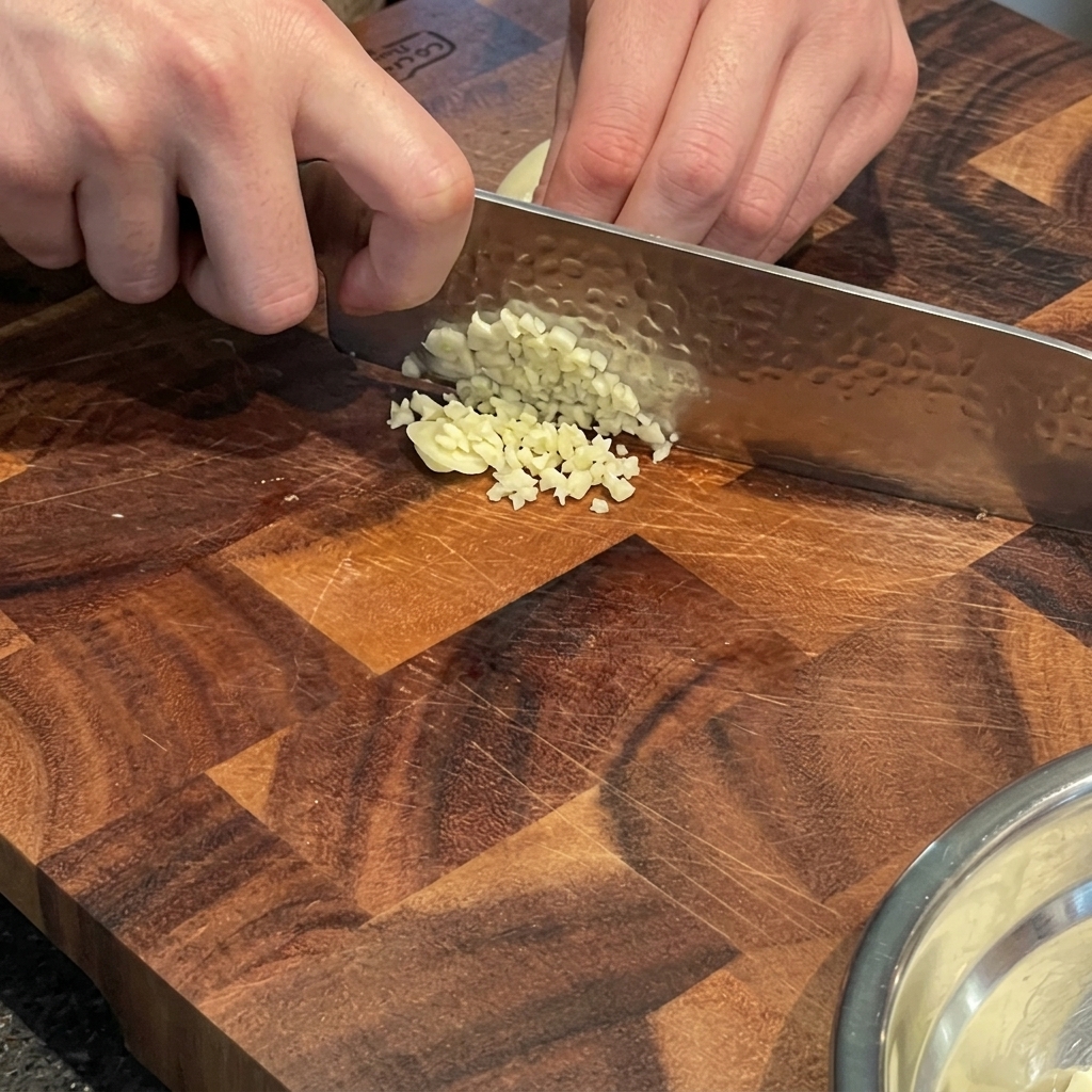 Mani che tritano finemente degli spicchi daglio fresco su un tagliere di legno.