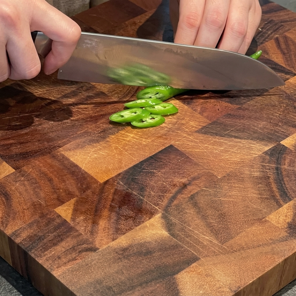 Mani che tagliano diagonalmente dei peperoncini verdi a fettine sottili su un tagliere di legno.