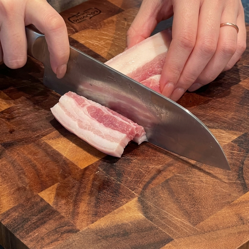 Mani che tagliano un pezzo di pancetta di maiale cruda in cubetti spessi su un tagliere di legno.