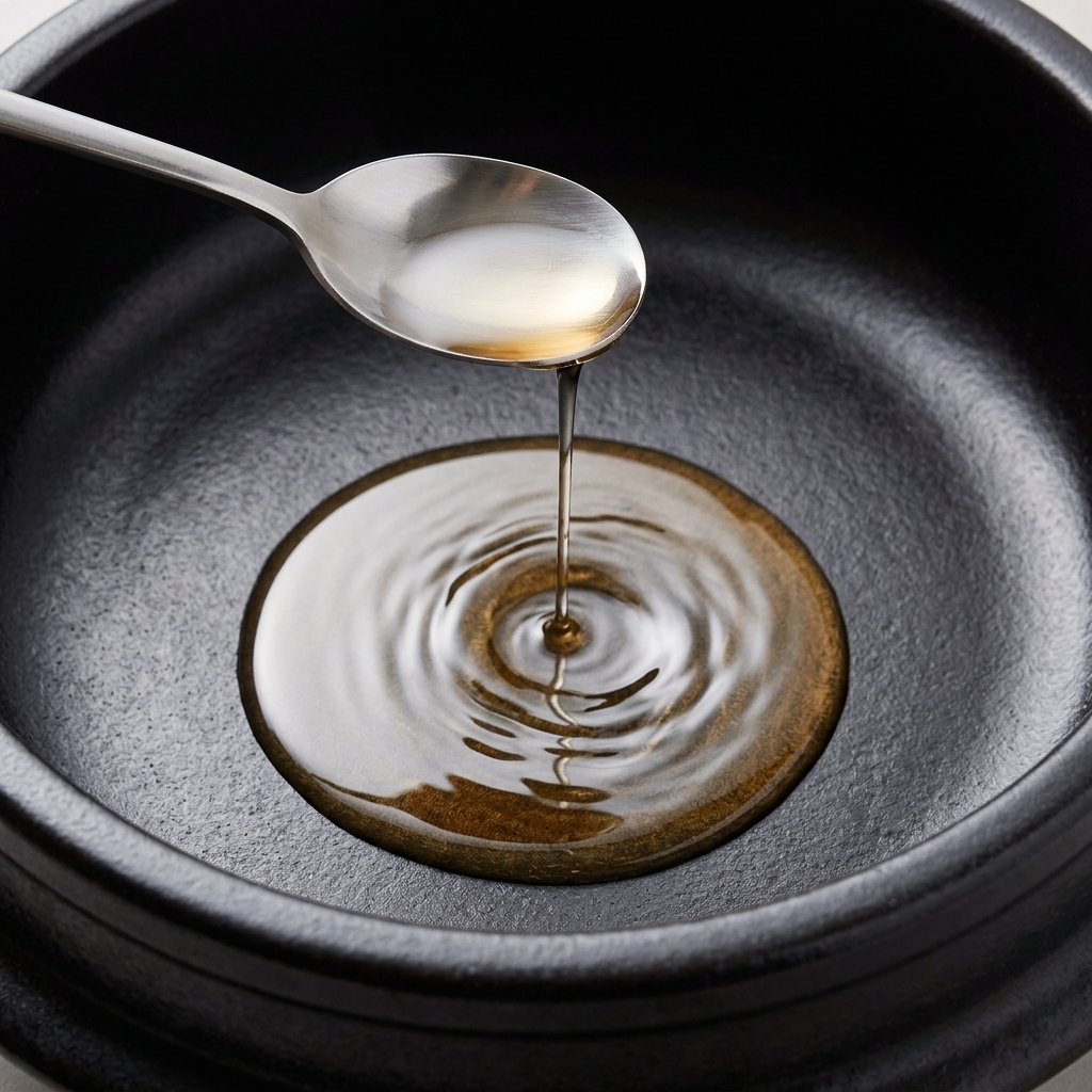 Olio vegetale e di sesamo versati da un cucchiaio dacciaio in una pentola in pietra nera.