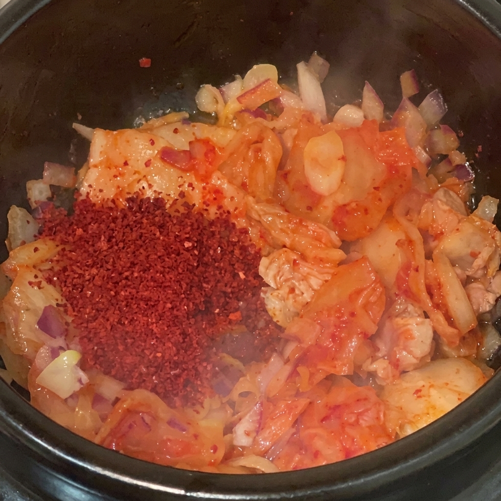 Un mucchietto vivace di polvere di peperoncino rossa, a grana fine e grossa, posato su kimchi e pancetta nella pentola.