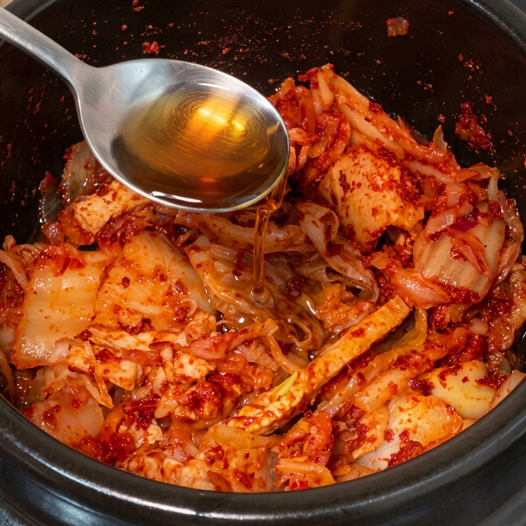 Un cucchiaio di metallo che versa un liquido ambrato e limpido in una pentola nera piena di kimchi e maiale saltati, di colore rosso vivo.