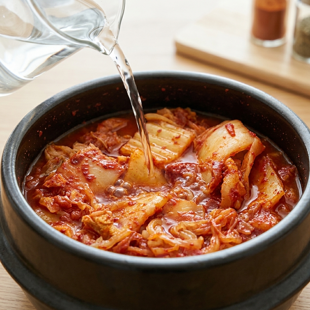 Acqua calda versata da una brocca in una pentola di terracotta piena di stufato di kimchi sobbollente.
