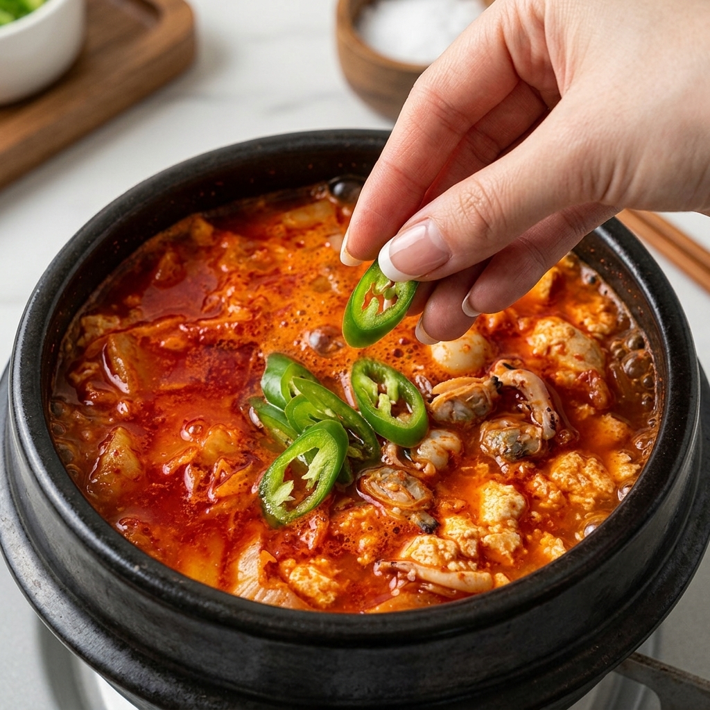 Primo piano di una mano che fa cadere dei peperoncini verdi freschi tagliati in diagonale in una pentola bollente di zuppa rossa di kimchi e tofu.
