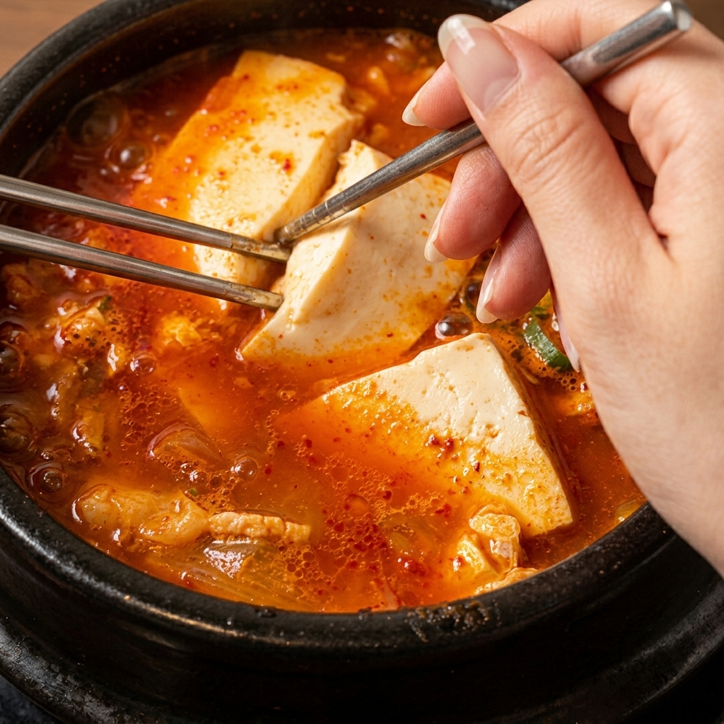 Una mano che sparge cipollotti verdi e fiocchi di alghe su una zuppa di tofu rossa e gorgogliante in una pentola di terracotta.
