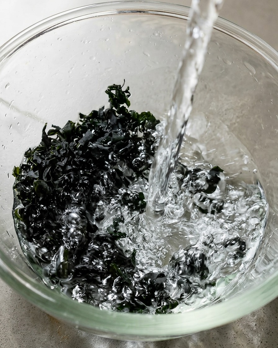 Acqua calda versata in una ciotola di vetro con alghe essiccate.