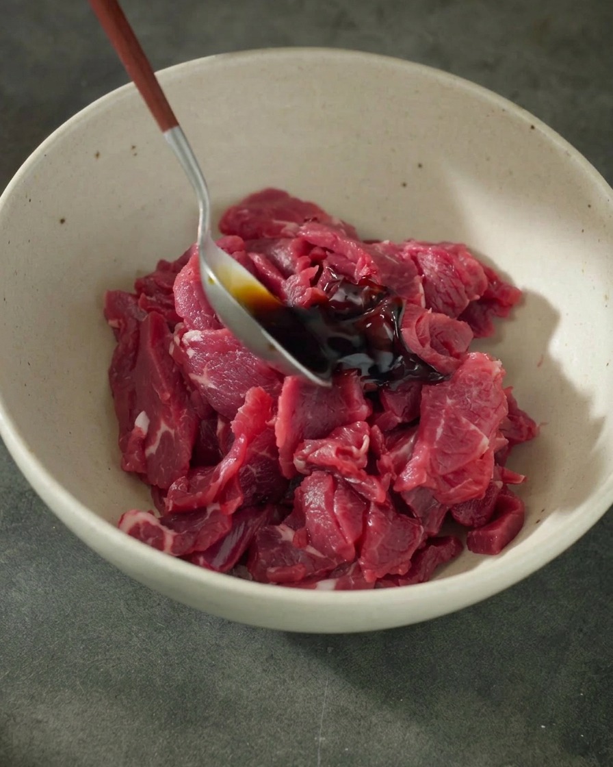 Salsa versata sulle fettine di manzo in una ciotola.