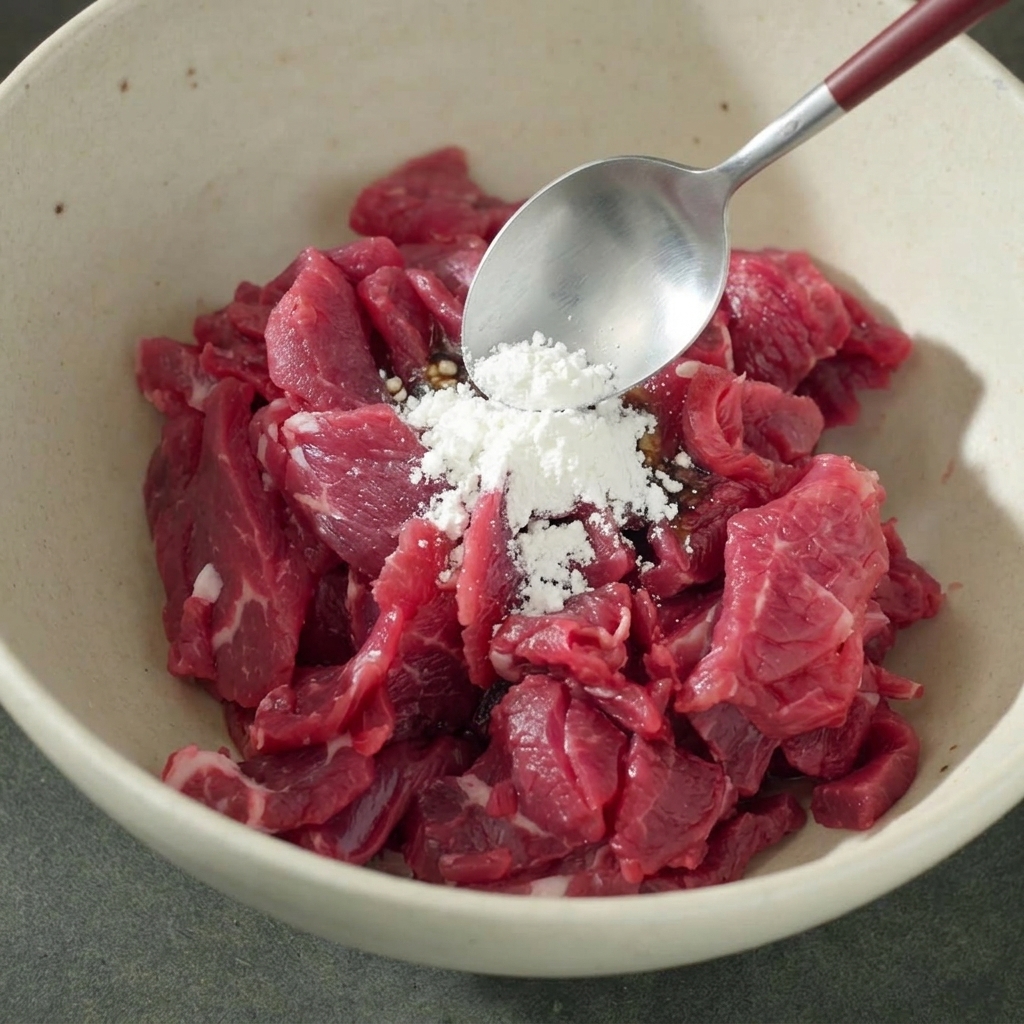 Fecola di mais e pepe bianco aggiunti al manzo marinato.