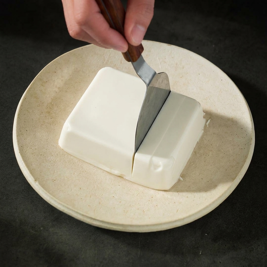 Tofu di seta tagliato a cubetti su un piatto.