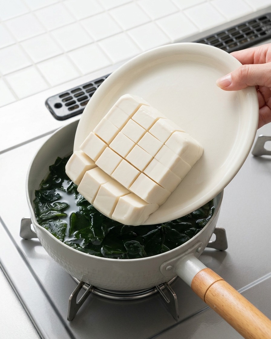 Tofu che scivola nella pentola bollente.
