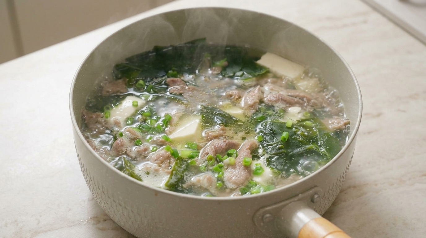 Zuppa saporita di alghe, manzo e tofu