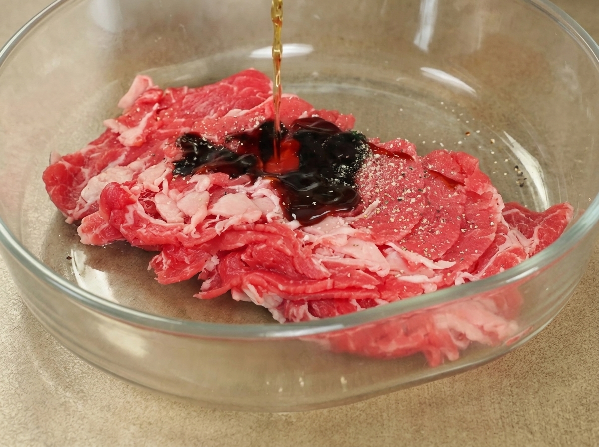 Un filo di salsa di soia scura versato sulle fettine di manzo in una ciotola.