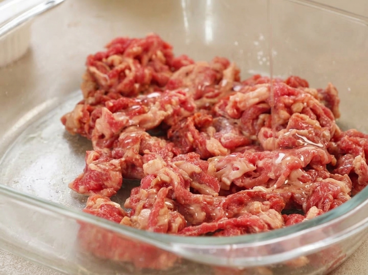 Un filo dolio versato sulle fettine di manzo lucide e marinate.