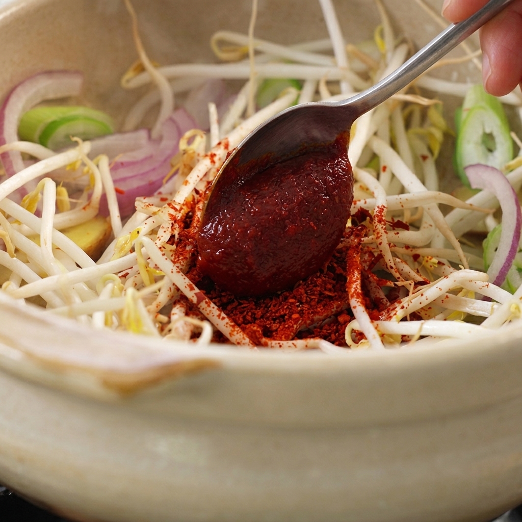 Un cucchiaio di pasta di peperoncino coreana posta sopra i germogli.