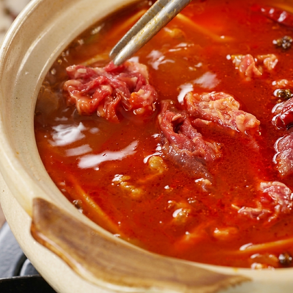 Pinze metalliche posizionano le fettine di manzo marinate nella zuppa piccante.