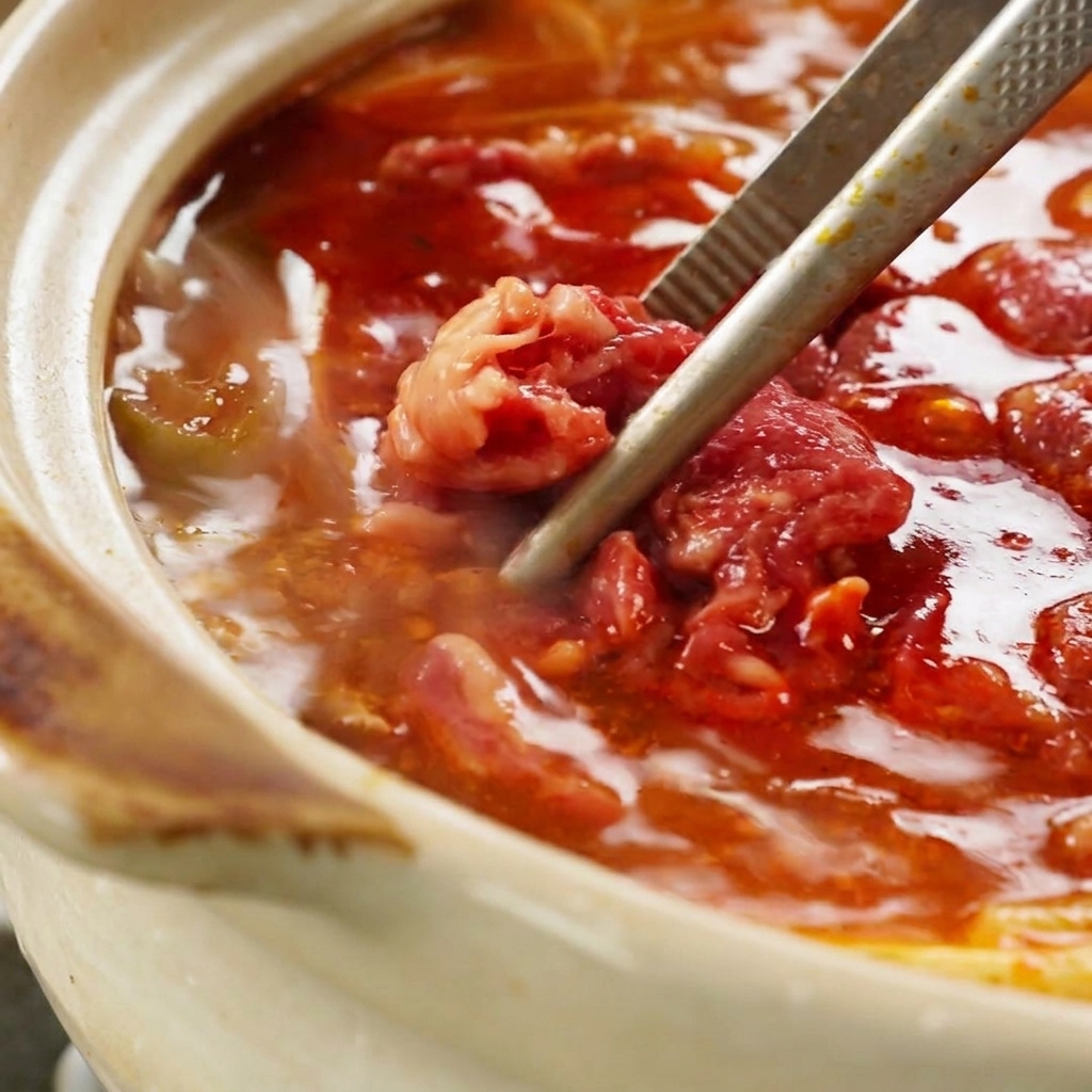 Fettine di manzo che terminano la cottura nella zuppa bollente.