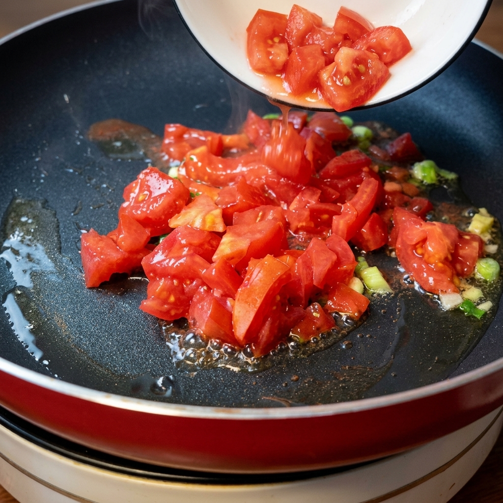 Pomodori freschi a cubetti versati in una padella calda con olio e cipollotti sfrigolanti.