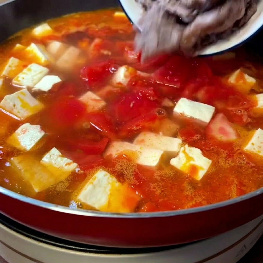 Straccetti di manzo precotti aggiunti nella pentola con il brodo di pomodoro e tofu.