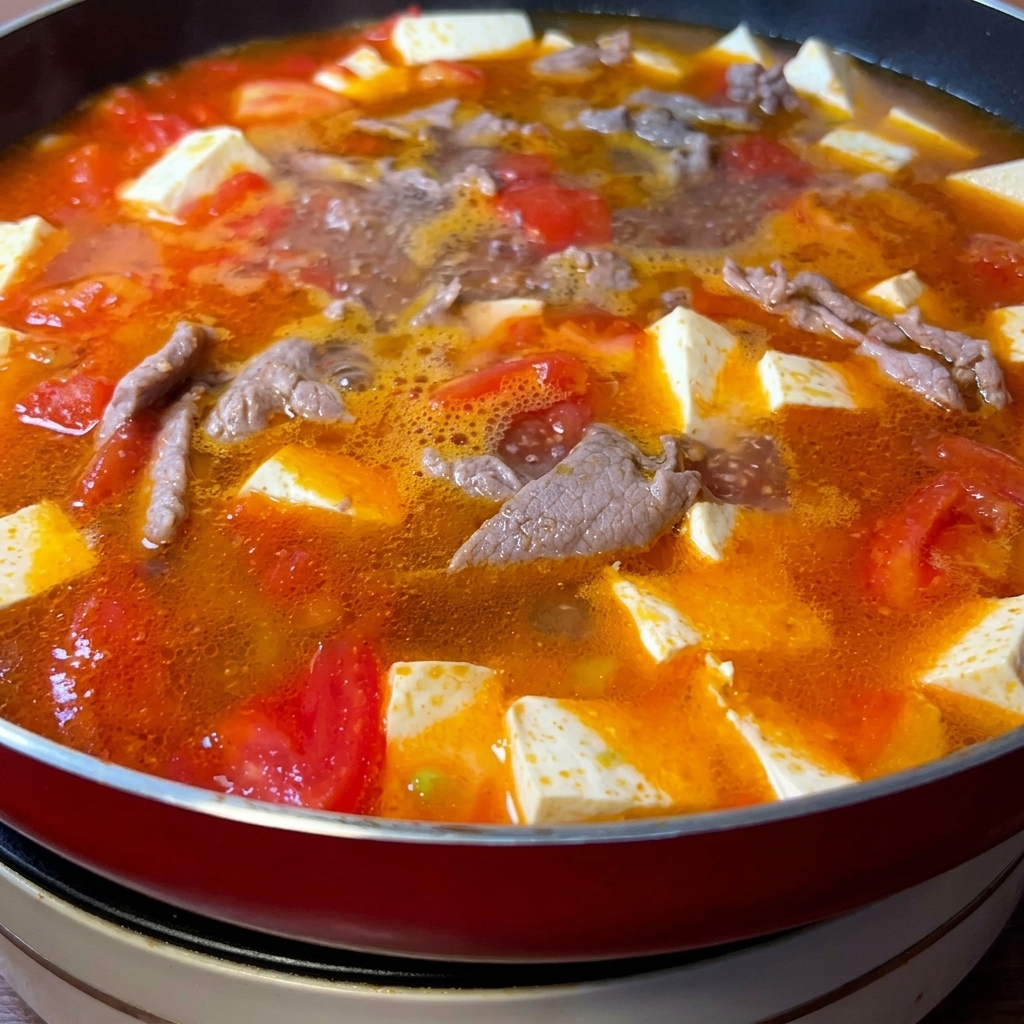 Una padella rossa piena di zuppa colorata con pomodori, tofu e manzo che bolle dolcemente.