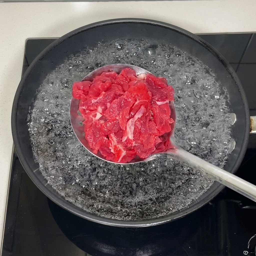 Fettine di manzo crudo su un cucchiaio forato immerso in acqua bollente.