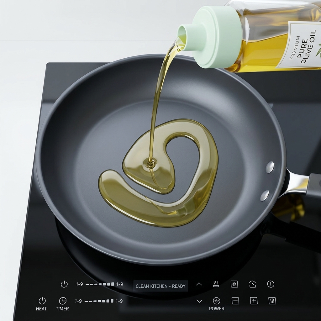Olio versato in una padella antiaderente su un fornello.