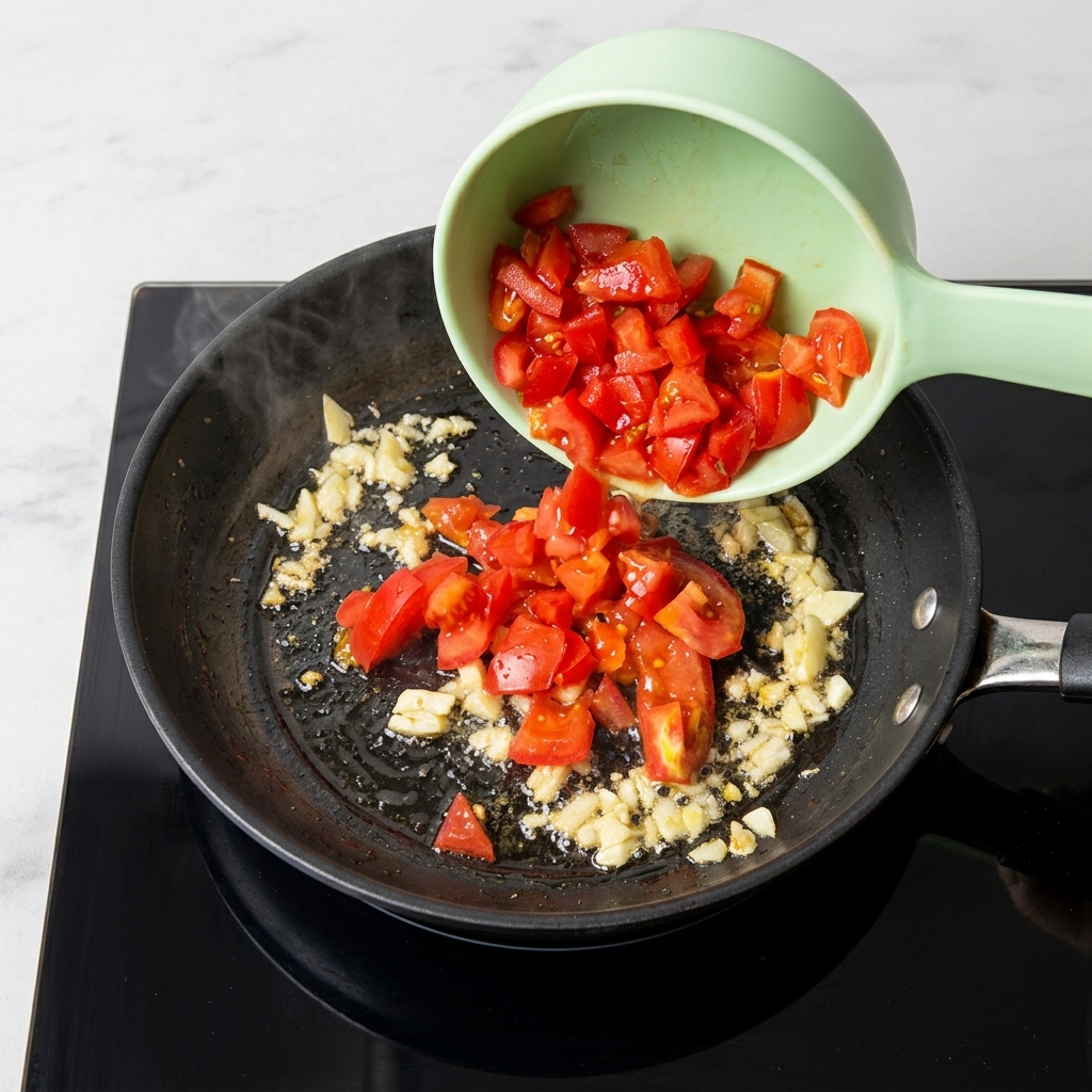 Pomodori tritati aggiunti in padella con laglio.