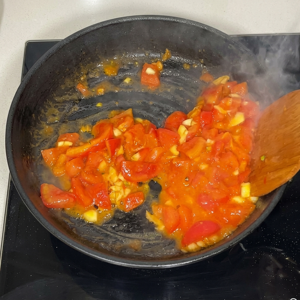 Pomodori che si ammorbidiscono in padella.
