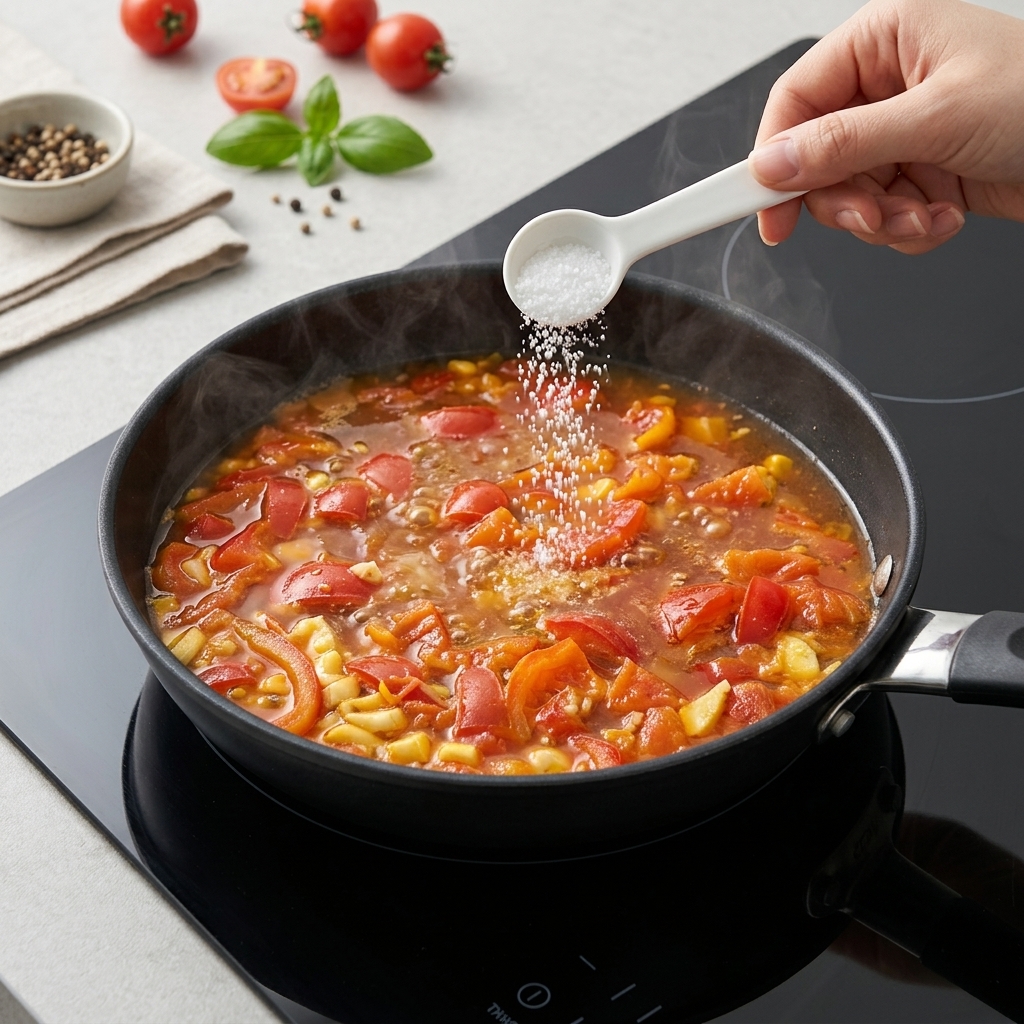 Sale aggiunto alla zuppa che sobbolle.
