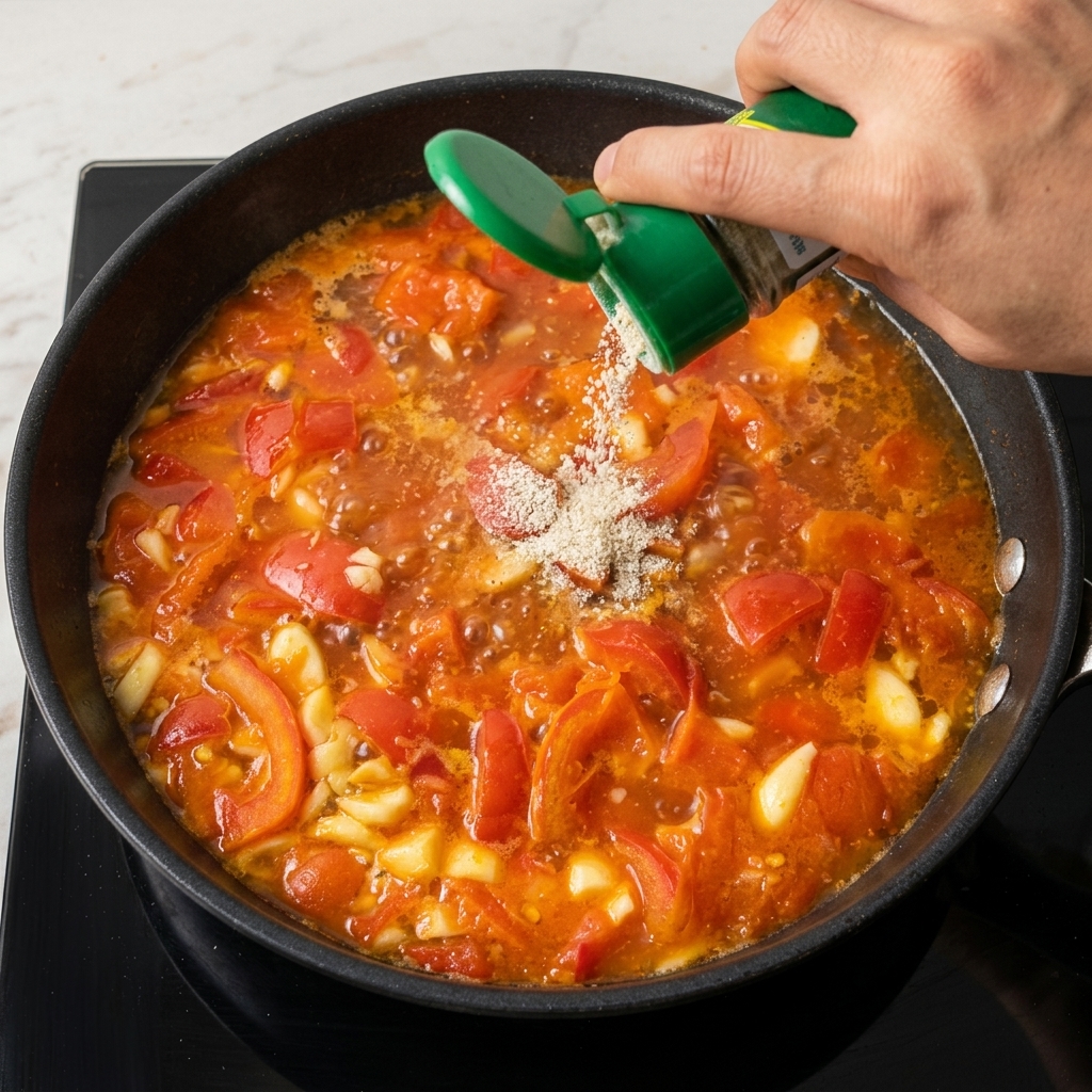 Pepe bianco in polvere aggiunto alla zuppa.