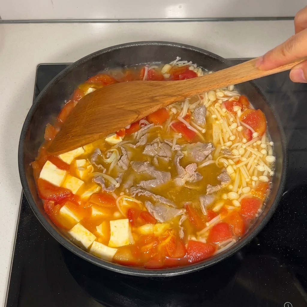 Spatola che mescola gli ingredienti nella zuppa.