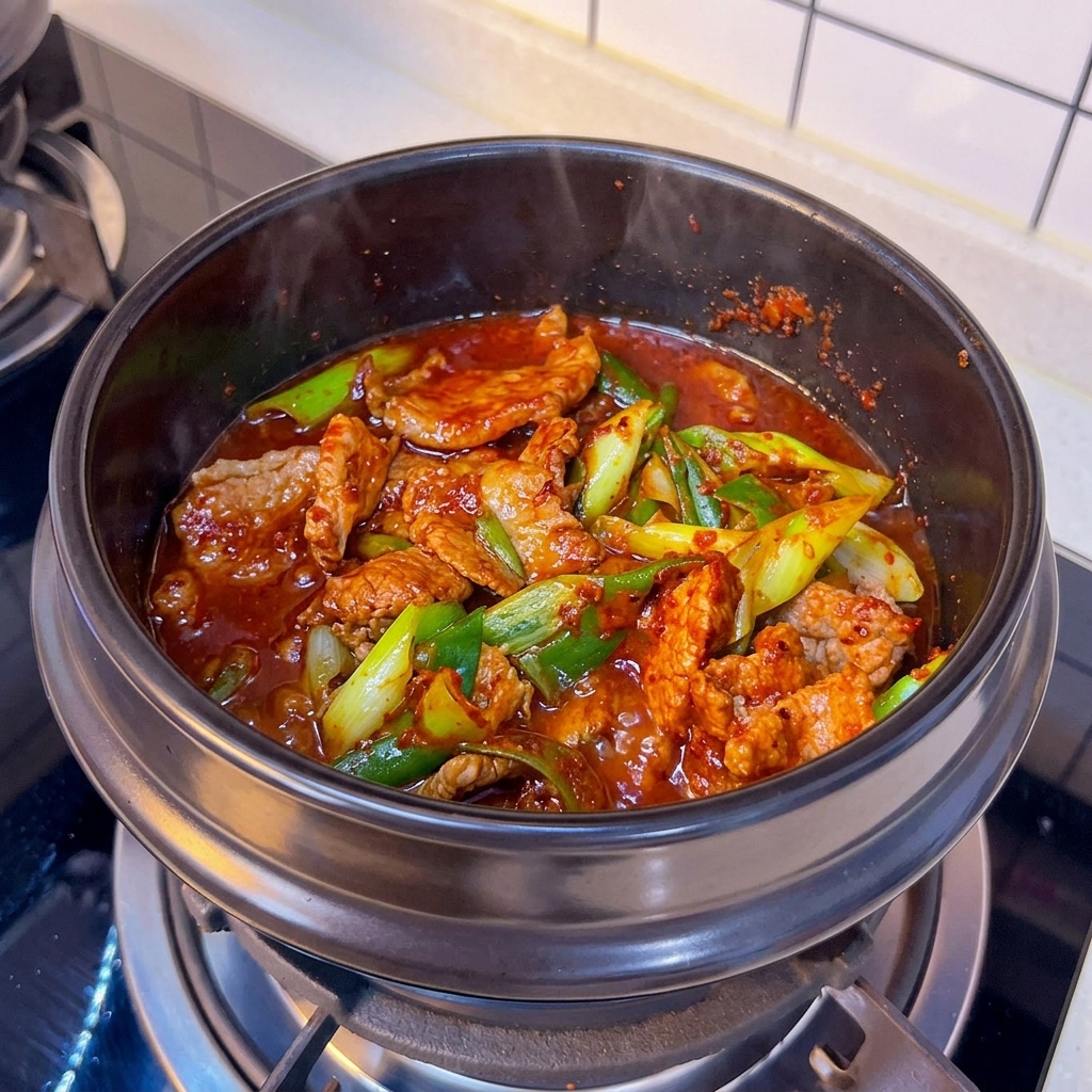 Brodo rosso con manzo e cipollotti che sobbolle nella pentola dopo aver aggiunto acqua.