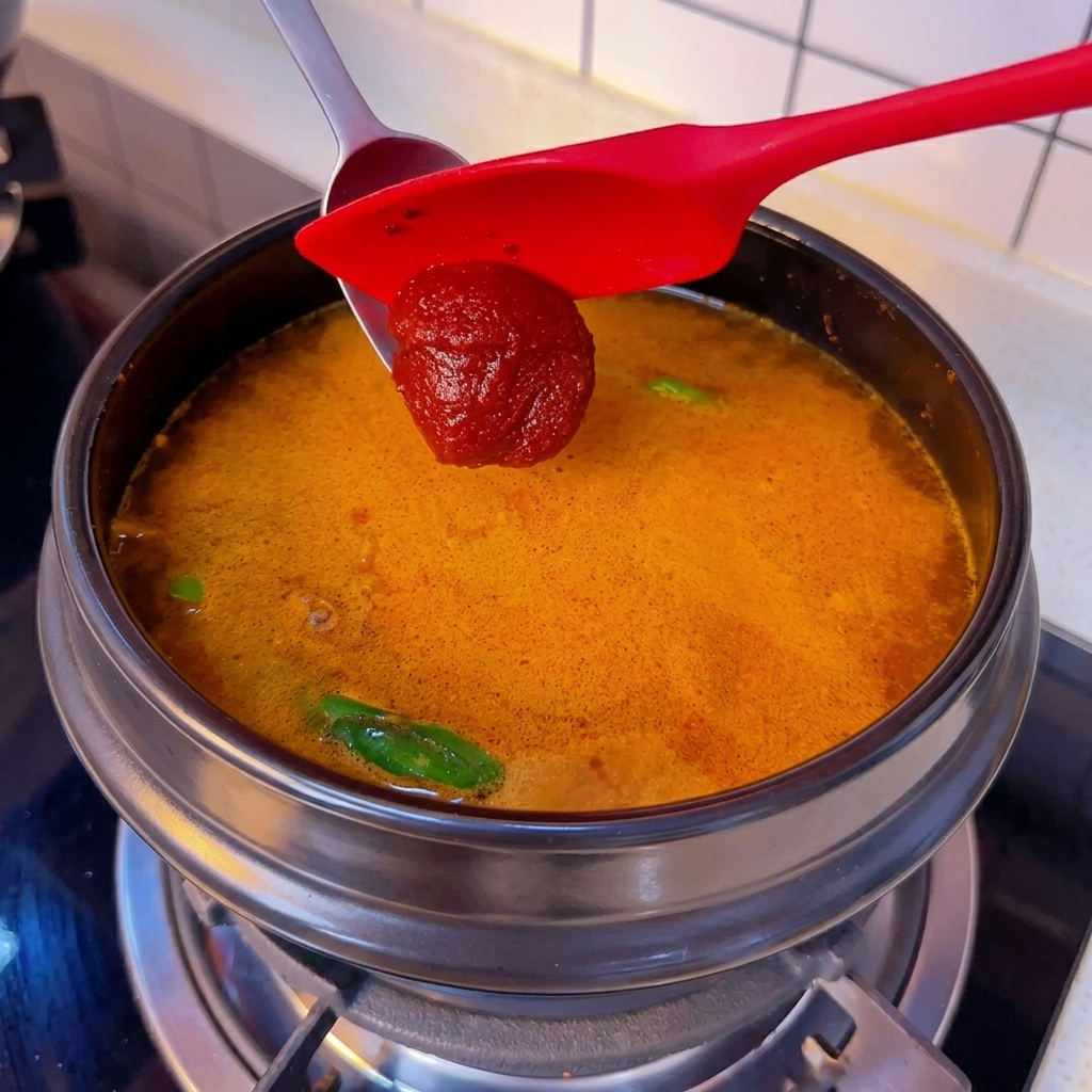 Una cucchiaiata di pasta di peperoncino rossa immersa nel brodo in ebollizione.