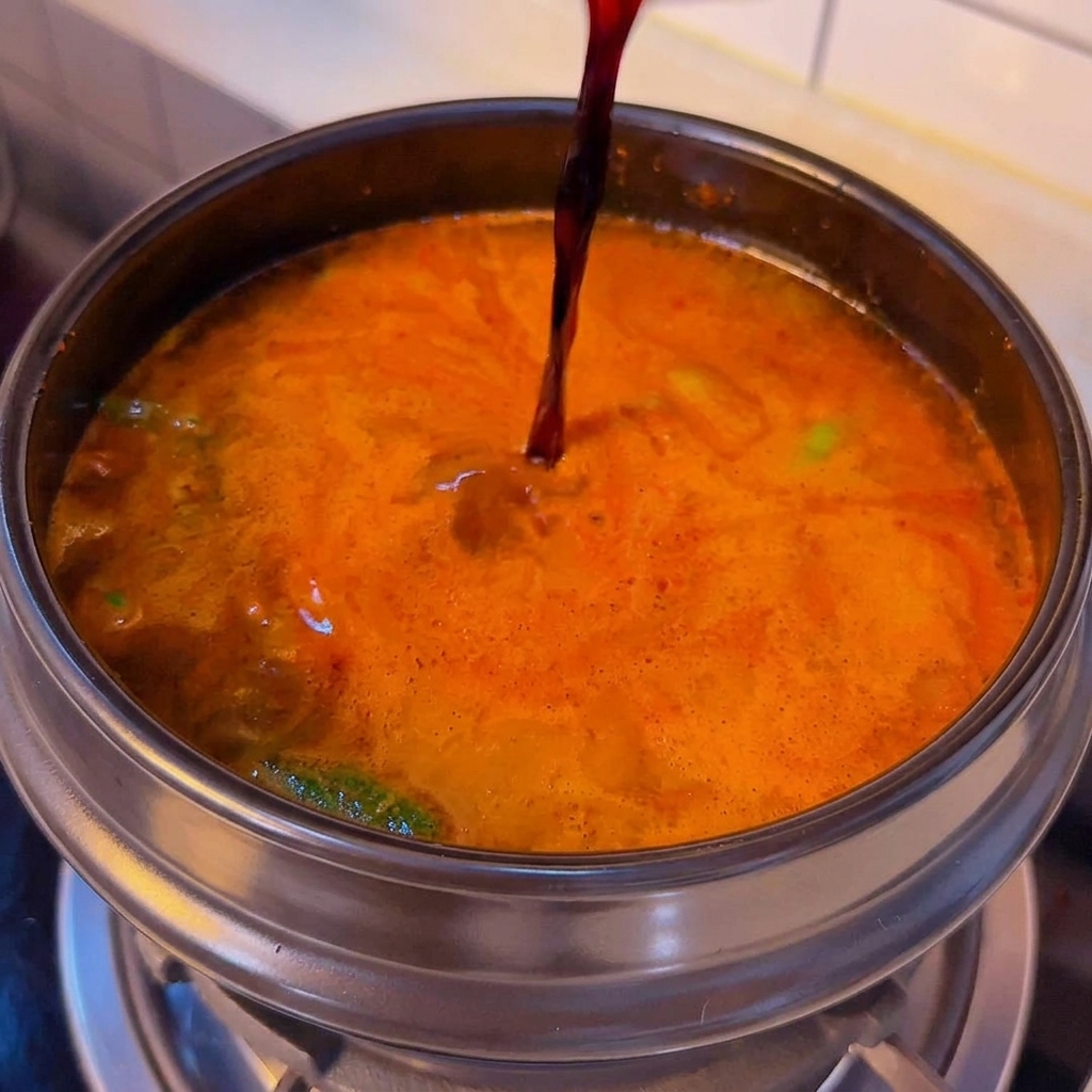 Salsa di soia versata nel brodo rosso della zuppa in ebollizione.