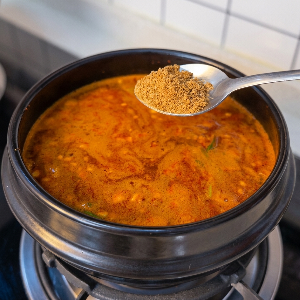 Cucchiaio con preparato di brodo di manzo in polvere sopra la zuppa.