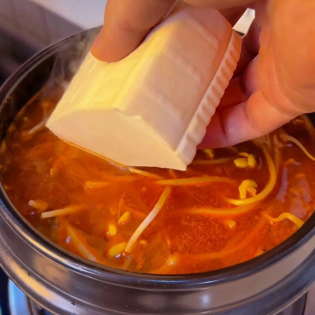 Un blocco di tofu morbido inserito nella zuppa piccante con germogli.