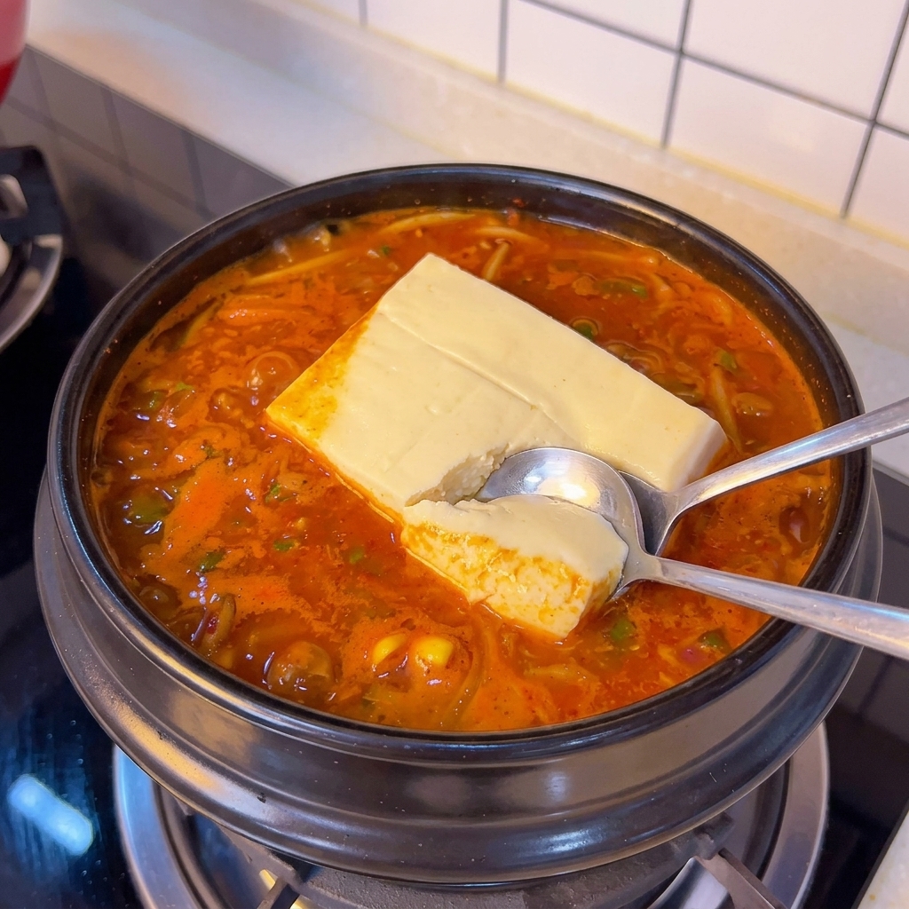 Due cucchiai metallici tagliano il blocco di tofu nella zuppa.