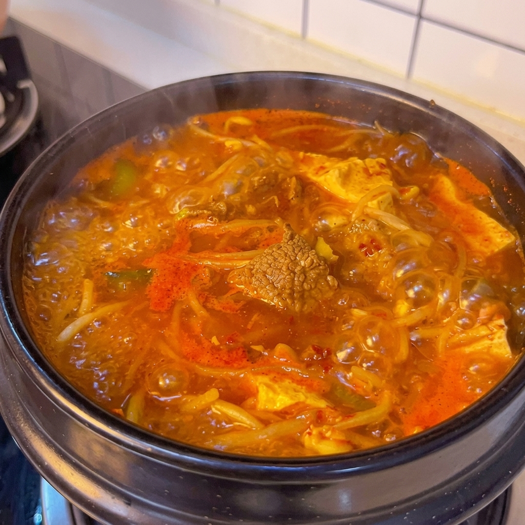 Zuppa Sundubu-jjigae che bolle vigorosamente con tofu, carne e germogli.