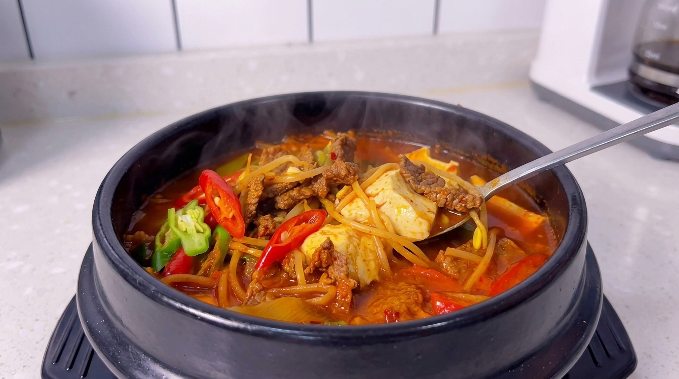 Sundubu-jjigae facile: Zuppa coreana piccante di tofu morbido e manzo