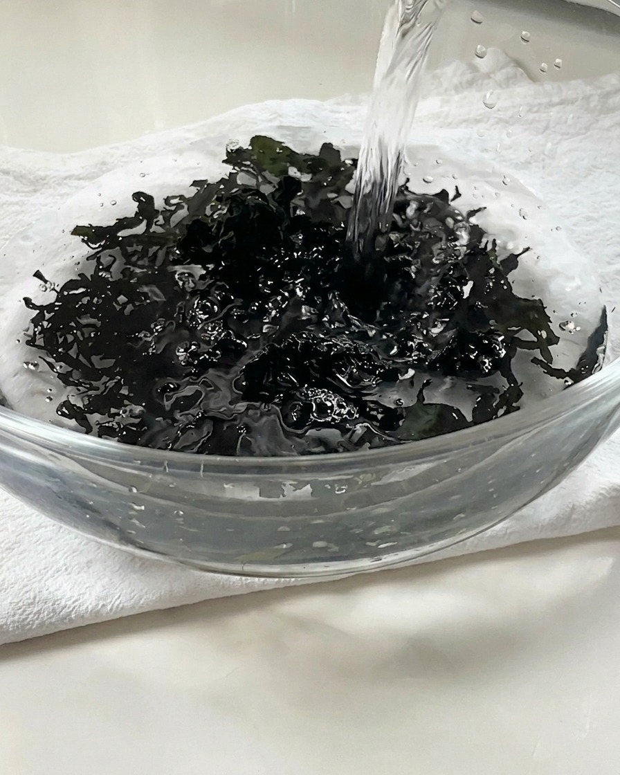 Acqua calda versata su alghe wakame scure ed essiccate in una ciotola di vetro.