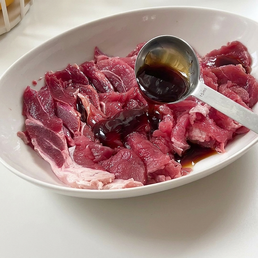 Fette di manzo crudo in una ciotola bianca condite con un liquido scuro da un misurino.
