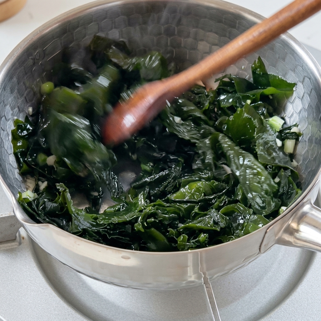 Alghe wakame reidratate mescolate con gli aromi in una pentola di metallo.