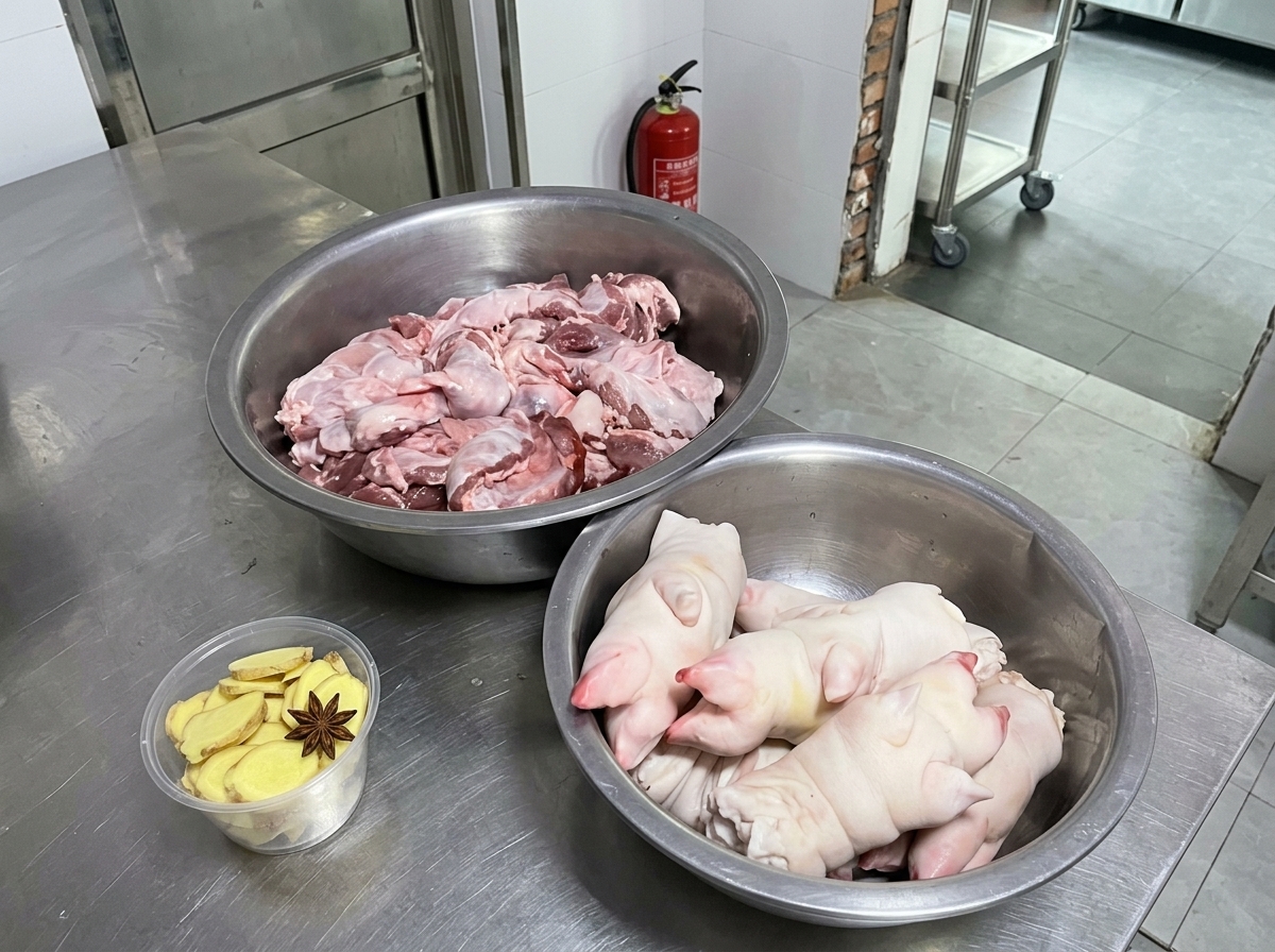 Due grandi ciotole di acciaio inossidabile contenenti zampetti di maiale e diaframma crudi accanto a un piccolo bicchiere di plastica con zenzero a fette e una bacca di anice stellato.