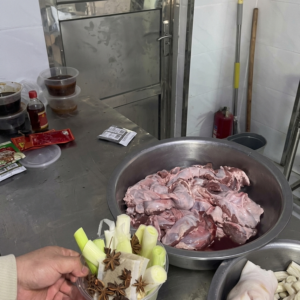 Una persona tiene un contenitore di plastica trasparente pieno di grandi pezzi di cipollotto verde, zenzero a fette e anice stellato sopra un tavolo da cucina.
