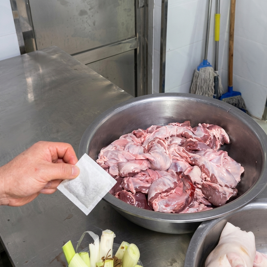 Primo piano di una mano che tiene un piccolo sacchetto di stoffa bianca per spezie sopra una grande ciotola di carne cruda in una cucina.