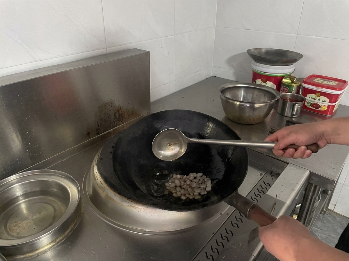 Un mestolo di metallo appoggiato in un wok nero contenente olio e un mucchietto di zucchero candito bianco sopra un fornello professionale.